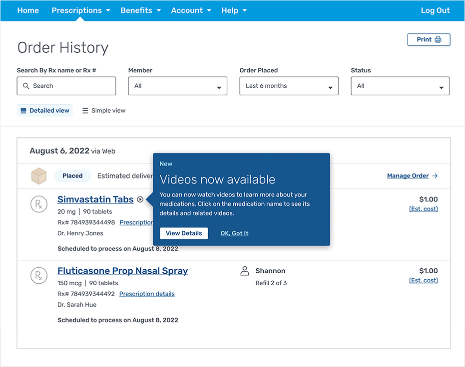 A pop-up window shows that new videos are available to watch about your medications.