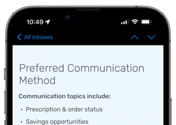 Preferred Communication Method screen on the Express Scripts® Pharmacy mobile app, with “Text” selected as a member’s preferred option